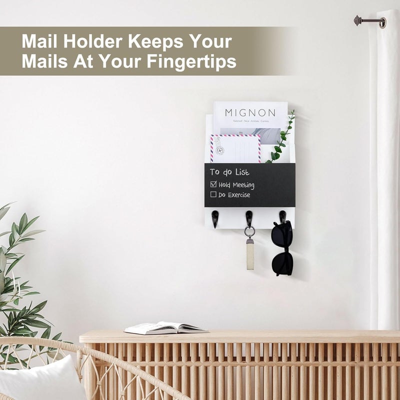 Lucundm Key and Mail Holder for Wall Mount, Entryway Mail Holder with 2 Slot, Key Holder with 3 Sturdy Hooks for Coat, Dog Leash, Decorative Key Rack (8.86”W x 11.42”H x 3”D) (White) - Image 5